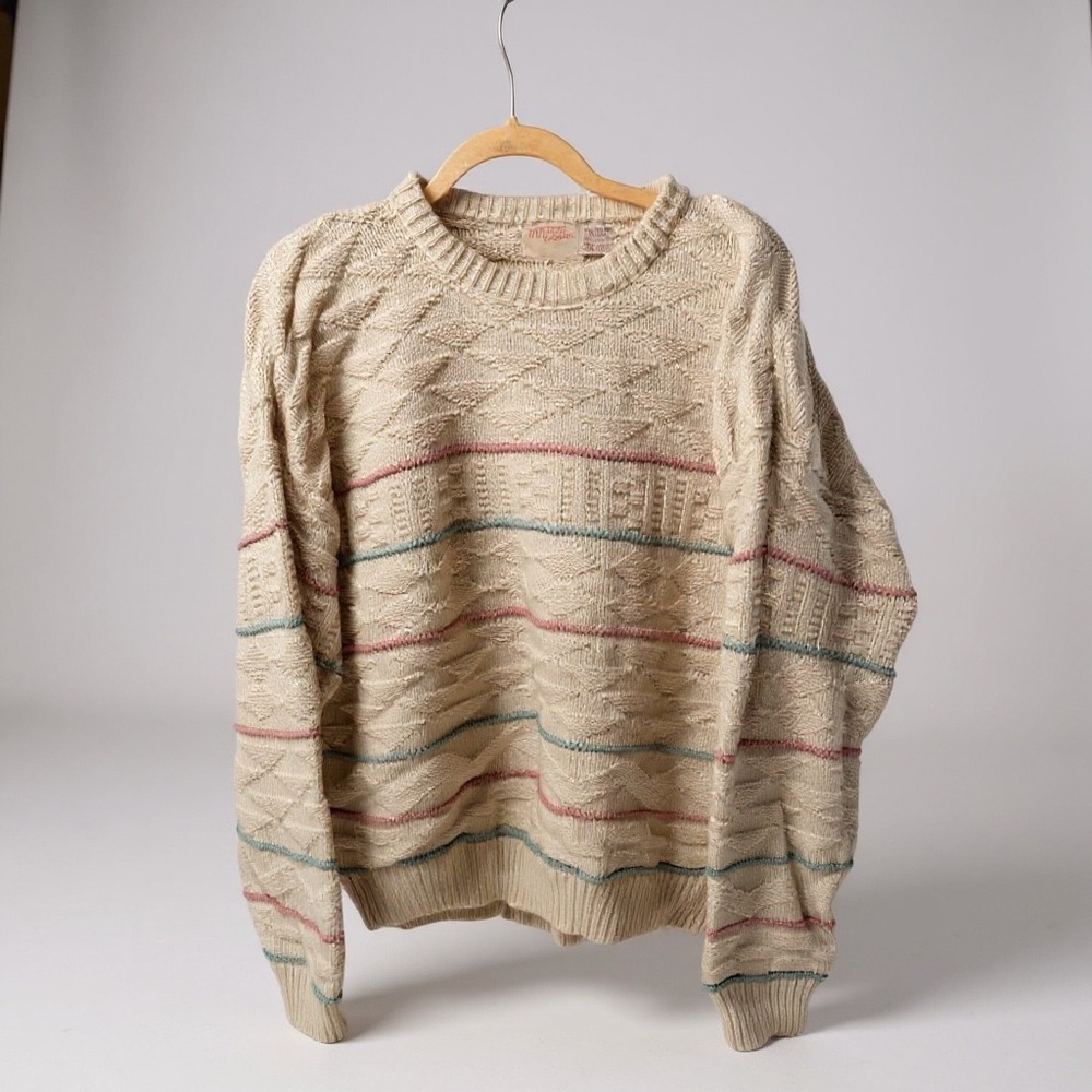 Vintage Toss Multi Colored Striped Knit Sweater Beige Diamond Pattern Womens